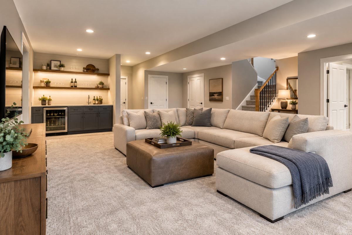 Finished basement family room with freshly painted walls and trim