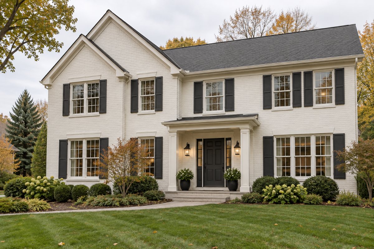 Two-story brick home painted warm white with dark shutters