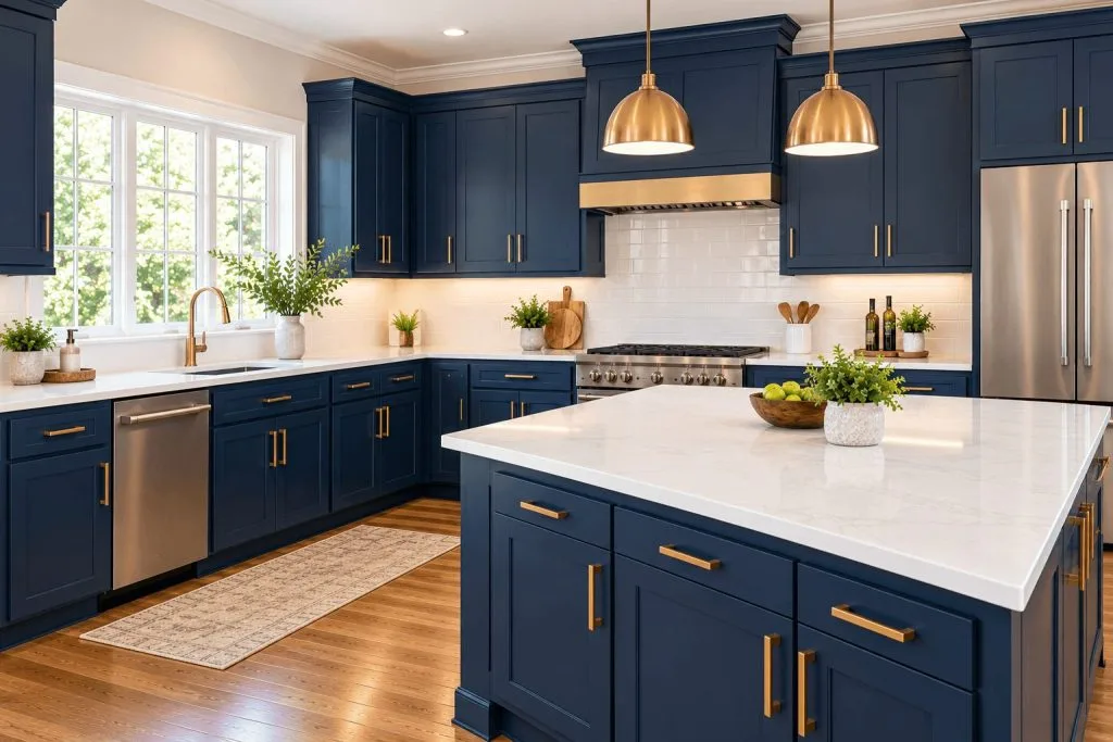 Kitchen with navy painted shaker cabinets