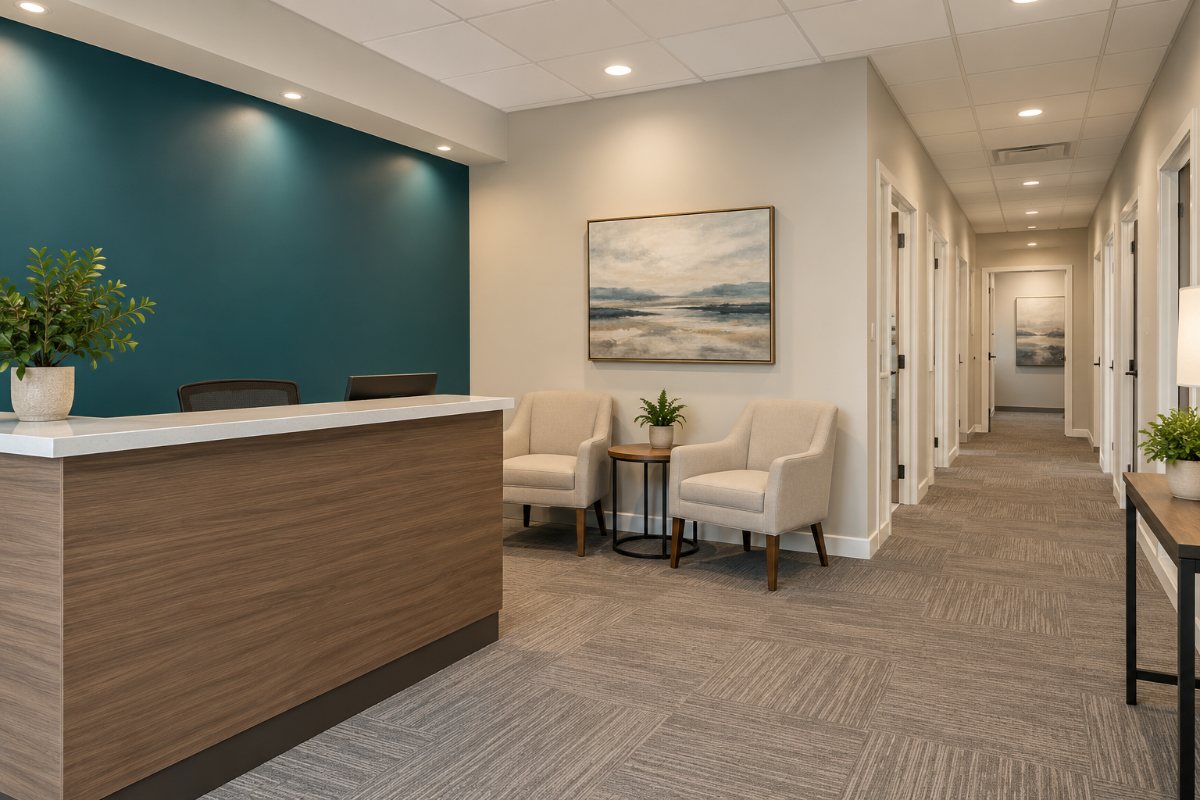 Office reception area with a teal accent wall and fresh paint