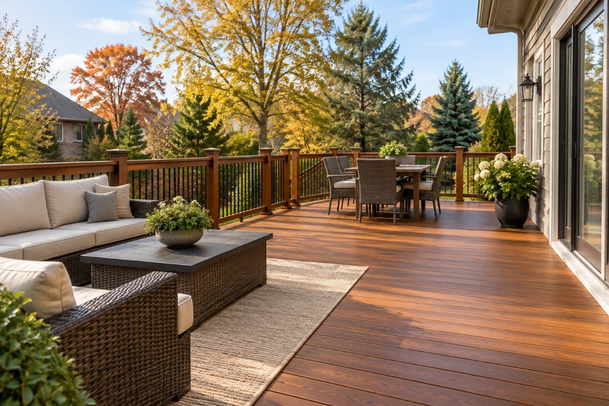 Freshly stained wood deck behind a home