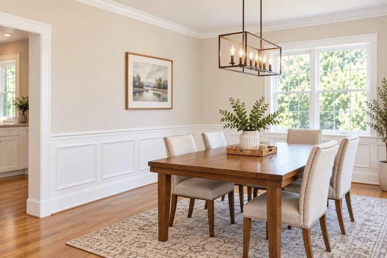Freshly painted dining room with white wainscoting